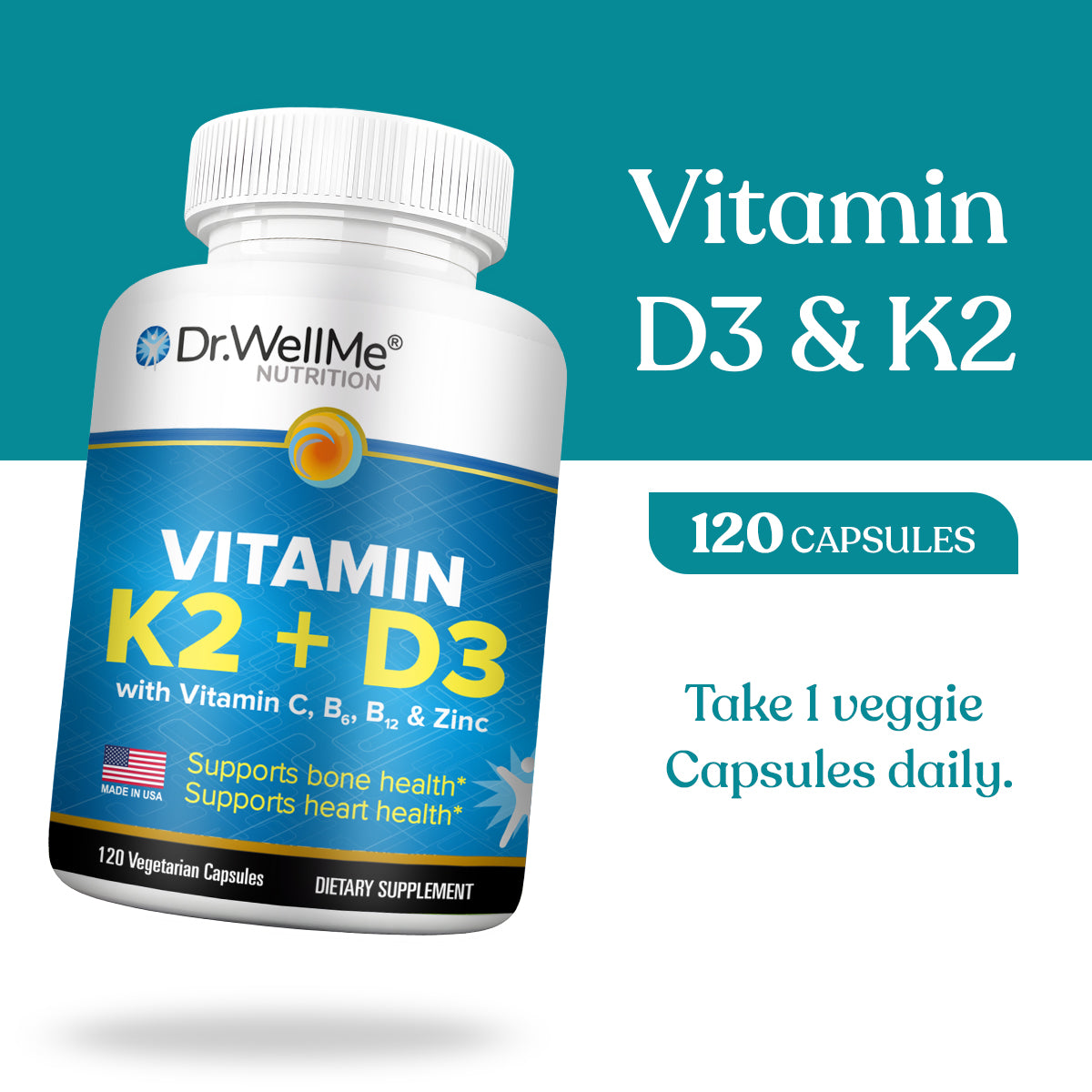 Vitamin D3+K2 with C, B6, B12 & Zinc - 120 Capsules